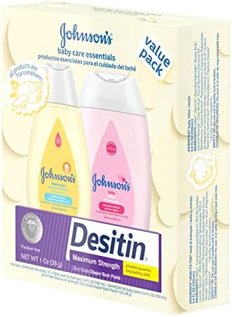 Johnson's Baby Care Essentials Gift Set, Baby Skincare Set with Body Wash & Shampoo, Body Lotion, & Zinc Oxide Diaper Rash Paste for Baby's Delicate Skin, Value Pack, Travel-Size, 3 Items