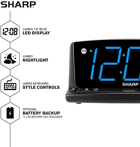 SHARP LED Digital Alarm Clock – Simple Operation - Easy to See Large Numbers, Built in Night Light, Loud Beep Alarm with Snooze, Bright Big Blue Digit Display