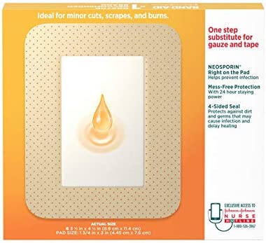 Band-Aid Brand Infection Defense Adhesive Wound Covers with Neosporin Antibiotic Ointment On The Pad for First Aid Wound Care, Bacitracin Zinc & Polymyxin B Sulfate, Sterile, Large, 6 ct