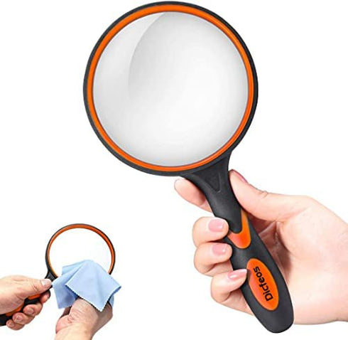 Dicfeos Magnifying Glass 10X Handheld Reading Magnifier with Cleaning Cloth-100MM Large Magnifying Lens with Non-Slip Soft Handle for Seniors Book Newspaper Reading and Kids Nature Hobby Exploration