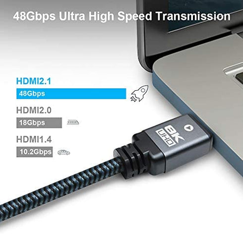 Yauhody 8K HDMI 2.1 Cable 6ft, 48Gbps Ultra High Speed Heavy Duty Nylon Braided HDMI 2.1 Cord, Real 8K@60Hz, 10K, 4K@144Hz, 4K@120Hz, eARC, HDCP 2.2 & 2.3, Dynamic HDR, 3D for Monitor, TV (6 Feet)