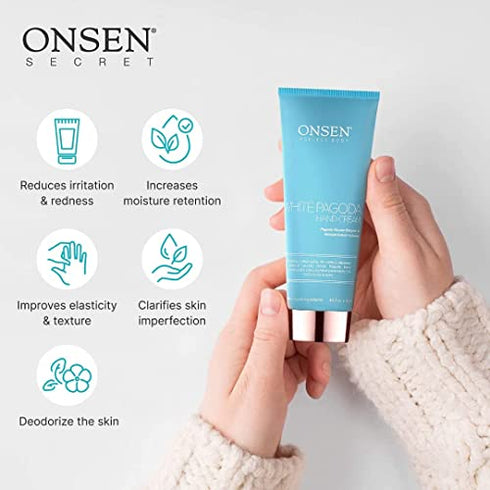 Onsen Japanese Anti Aging Hand Cream - Firming Hand Lotion Features Pagoda Flower Enzyme, Wasabi Extract Infusion, Hyaluronic Acid, and Shea Butter, for Clarified and Moisture Rich Skin (4.5 Oz)