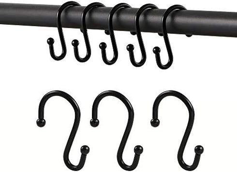 Metal Shower Curtain Hooks,Rust Resistant S Shaped Shower Curtain Rings,Shower Hooks for Bathroom,Decorative Shower Hooks for Curtain Rod,Set of 12 (Black)