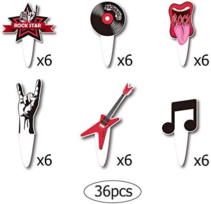 L.CLOVERBN 36Pcs Rock & Roll Musical Cupcake Topper, Guitar, Note, Disc,Hot Music Elements Cake Decoration for Rock Music Party Supplies.2 Sides