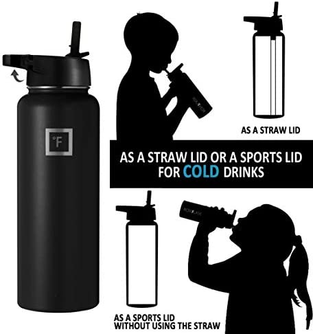 IRON °FLASK Carabiner Straw Lid for Wide Mouth Insulated Sports Water Bottles, Simple BPA Free, 2 Lids, 4 Straws, 2 Cleaning Brushes