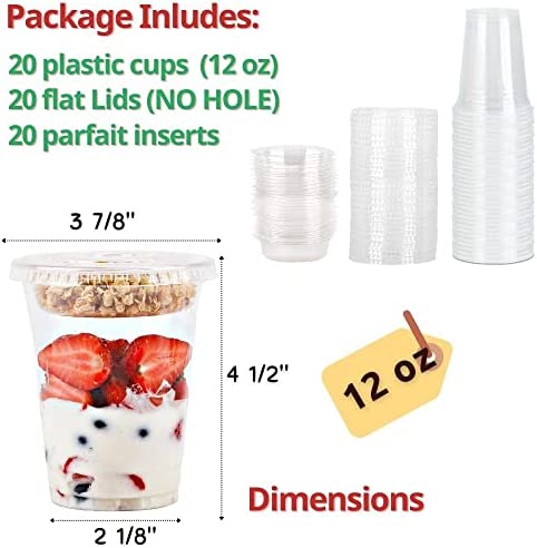 12 oz Clear Plastic Parfait Cups with Insert 3.25oz & Flat Lids No Hole - (20 Sets) Yogurt Fruit Parfait Cups for Kids, for Dips and Veggies, Take Away Breakfast and Snacks. No Leaking
