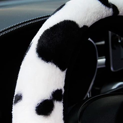 Fuzzy Car Steering Wheel Cover for Women, Cute Cow Print Fluffy Steering Wheel Covers, Universal 15 Inches, Girly Car Accessories with 2 Pack Car Coasters for Cup Holders