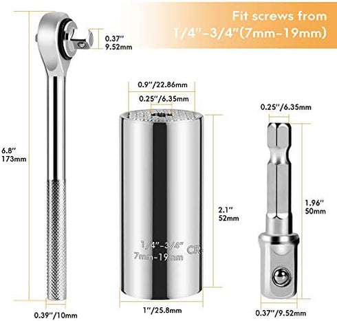Gifts for Men-Universal Socket Tool Set, (7-19mm)Ratchet Super Socket Wrench With Power Drill Adapter, Christmas Stocking Stuffers for Men Women Dad Him Husband Boyfriend Cool Gadgets Birthday Gift