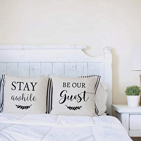 PANDICORN Set of 2 Farmhouse Throw Pillows Covers 18x18 with Quotes Stay Awhile Be Our Guest for Home Décor Living Room Outdoor Porch
