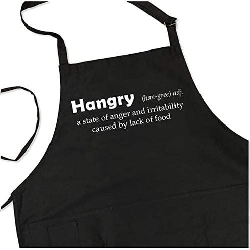 ApronMen - Hangry Definition - Funny BBQ Apron for Dads - 1 Size Fits All Chef Quality Cotton 4 Utility Pockets, Adjustable Neck and Extra Long Waist Ties - Black Color