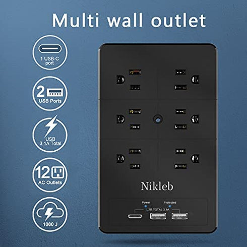 Multi Plug Outlet Extender Nikleb, Surge Protector 12 Outlets, Wall Plug with 2 USB+ USB C Ports Total 3.1A, Charger Blocks Wall Mount, Outlet Splitter Heavy Duty for Home, Office, Garage Improvement