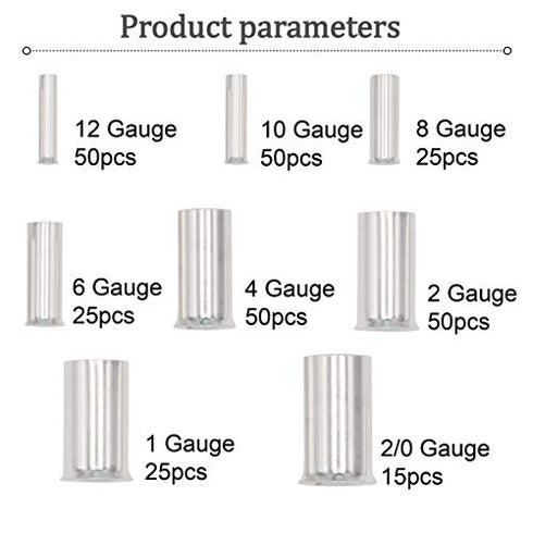 Ruikarhop 290PCS (AWG 12 10 8 6 4 2 1 2/0) 2/0-12 Gauge Wire Ferrules Kits Silver Plated Copper Crimp Connector Non Insulated Ferrules Pin Cord End Terminal