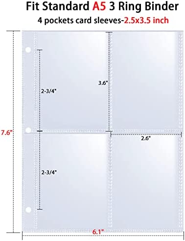 50 Pack 400 Pockets 2.5x3.5" Trading Card Sleeves,Double-Sided 4 Pocket 6.1x7.6" Page Protector,Ultra-Clear Game Card Sheets for A5 Mini 3 Ring Binder