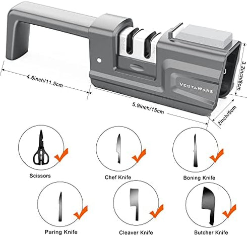 Knife Sharpener, 4-in-1 Foldable Kitchen Knife Sharpener with Sharpening Stone, 3-Stage Non-Serrated Knife & Scissor Sharpener, Quickly Sharpening, Repair/Restore/Polish Blades, Gray