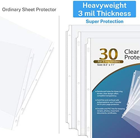 KTRIO Heavyweight Sheet Protectors 8.5 x 11 inch, 3 Mil Clear Page Protectors for 3 Ring Binder, Plastic Sleeves for Binders, Top Loading Paper Protector Letter Size, 30 Pack