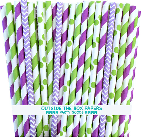 Outside the Box Papers Tinkerbell Theme Chevron,Polka Dot and Stripe Paper Straws 7.75 Inches 100 Pack Lime Green, Purple, Lilac, White
