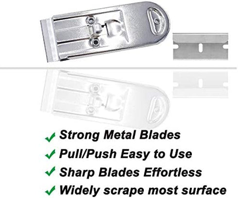 WEKOIL Razor Blades Metal Scraper Tool Pull Push Glass Scraper Stove Top Scraper Window Ceramic Scraper with10 PCS Single Edge Replacement Scraper Blades Removing Decal Label Residue Sticker,Silver