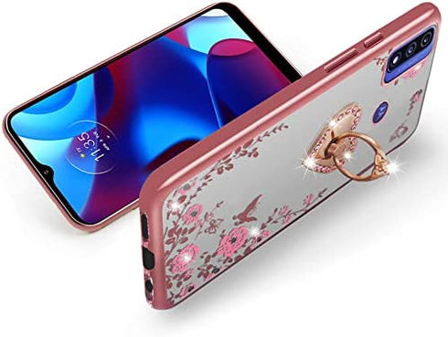 B-wishy for Motorola Moto G Pure Case.Moto G Power Case 2022 for Women, Glitter Crystal Butterfly Heart Floral Slim TPU Luxury Bling Cute Cover with Kickstand+Strap for Motorola Moto G Pure(Rose Gold)