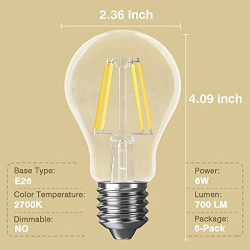 SHINESTAR 6-Pack A19 Clear Led Light Bulbs, E26 Led Bulb 60w, 2700K Warm White, Non-dimmable
