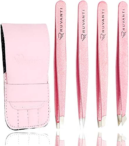 Ruvanti-4 Piece Professional Stainless Steel Tweezers Set - Eyebrow Tweezers, Slant tip, Pointed & Straight Best Precision Tweezers for Facial & Ingrown Hairs,Splinter & Hair Removal Tweezers (Pink)