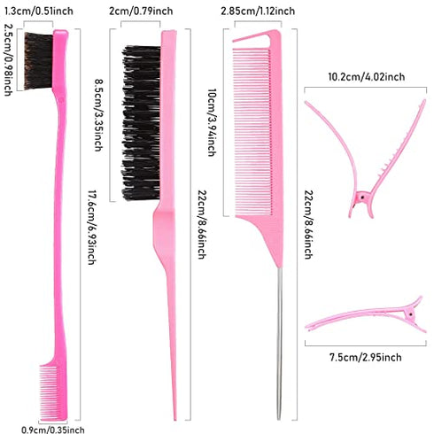 12 Pieces Hair Brush Set, Nylon Teasing Hair Brushes 3 Row Salon Teasing Brush, Double Sided Hair Edge Brush Smooth Comb Grooming, Rat Tail Combs with Duckbill Clips for Women Girls (Pink)1