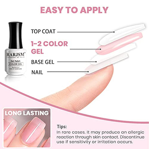 RARJSM Translucent Sheer Pink Gel Nail Polish LED UV Gel Soak Off Clear Pink French Manicure Nude Pink Jelly Nail Gel Polish Varnish Curing Requires 1pcs 15ml for Home Salon Nail Art DIY