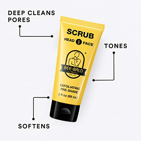 BEE BALD SCRUB Exfoliating Pre-Shave deep cleans and removes pore clogging dirt, oil and dry, flaky skin, preparing it for a ‘super close shave’ and leaving it ‘smoother than a baby's behind’, 3 Fl. Oz.