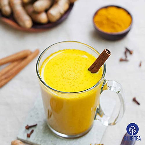 BLUE TEA - Turmeric Ashwagandha Tea Bags - 15 TB || INDIAN SUPERFOOD || Turmeric Tea - High in Curcumin - Caffeine Free Herbal Tea | Plastic-Free | Non-GMO| Premium Tin Pack |