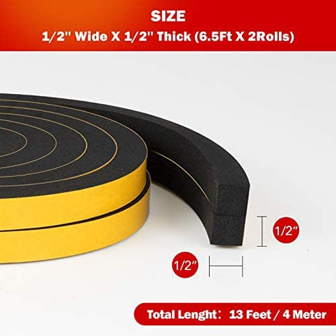 Weather Stripping Door Seal Strip,High Density Foam Tape,Doors and Windows Insulation Soundproofing Weatherproof,Self Adhesive Rubber Weatherstrip Door Seal Strip (1/2''W X 1/2''T X 13'L)
