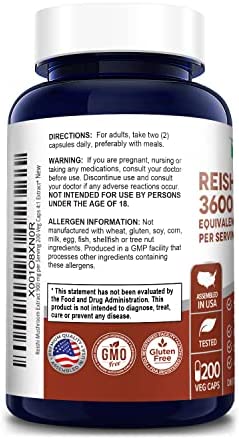 Reishi Mushroom Extract 3600 mg 200 Veggie Caps (Vegan, Non-GMO & Gluten-Free)