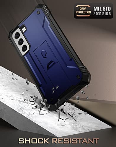 Poetic Revolution Case for Samsung Galaxy S22 5G 6.1 inch, Built-in Screen Protector Work with Fingerprint ID, Full Body Rugged Shockproof Protective Cover Case with Kickstand, Navy Blue
