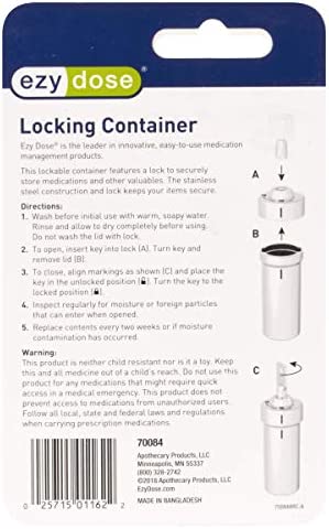 Ezy Dose Pill Box and Medicine, Vitamin Container, Safe for Money & Travel Items, Stainless Steel, 2 Keys with Lock