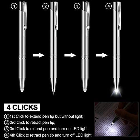 4 Pieces Lighted Tip Pen Metal Ballpoint Pen with Light LED Lighted Pen Black Ink Writing Pen with 8 Pieces Pen Refills for Writing in the Dark