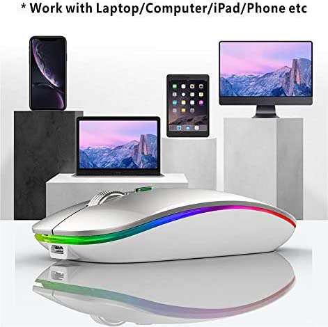 TENMOS Wireless Bluetooth Mouse, LED Slim Dual Mode (Bluetooth 5.1 + USB) 2.4GHz Rechargeable Silent Bluetooth Wireless Mouse with Type C Adapter for Laptop/MacBook/iPad OS 13 and Above (Silver)