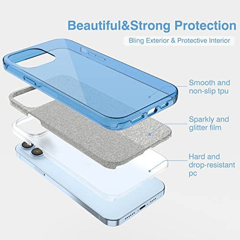 MILPROX Compatible with iPhone 13 Pro Max Case (2021), Glitter Sparkly Shiny Bling Rubber Gel Shell Cases 3 Layers Shockproof Protective Bumper Cover for iPhone 13 Pro Max 6.7" 2021-Blue