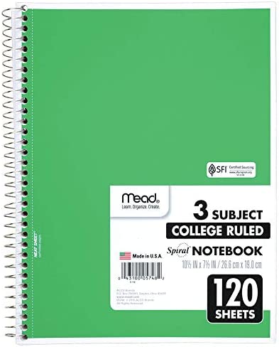 Mead Spiral Notebook, 3 Subject, College Ruled Paper(05748), 120 Sheets, 10-1/2" x 8", Assorted Color - 1 Count