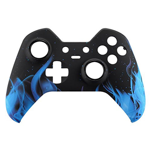 eXtremeRate Blue Flame Fire Faceplate Cover, Soft Touch Front Housing Shell Case for Xbox One Elite Controller Model 1698 with Thumbstick Accent Rings - Controller NOT Included
