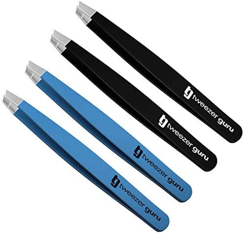 Tweezers Set - Tweezer Guru Stainless Steel Slant Tip Eyebrow Tweezers Set - Great Precision for Facial Hair, Ingrown Hair, Blackhead and Splinter Remover (4-Pack)