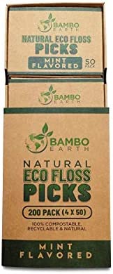 Natural Dental Floss Picks - Eco Friendly Cruelty Free & Vegan Tooth Flossers Pick Set with Biodegradable and Compostable BPA Free Handle & Zero Waste Packaging - 200 Pack (Mint Flavored)