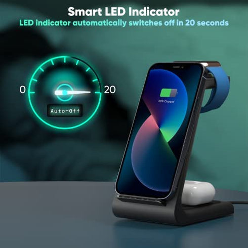 Quezqa Wireless Charging Stand - Fast Wireless Charger - 3 in 1 Charging Station for Apple AirPods Pro 3 2 Apple Watch Ultra 8 7 SE 6 5 4 iPhone 14 Pro Max 14 Plus 13 12 11 Pro Max with QC3.0 Adapter