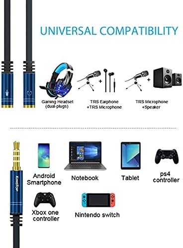 KINGTOP 3.5mm Combo Audio Adapter Cable Compatible for PS4,PS5,Xbox One S,Switch,Tablet,Mobile Phone,PC Gaming Headsets and New Version Laptop(Blue)