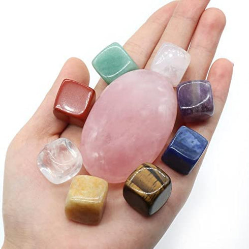 Chakra Self Love Healing Crystal Collection in Treasure Chest, 9 PCS 1 Large Rose Quartz Palm Stone 8 Chakra Tumbled Stones Guide Self-Love Affirmations The Sacred Gift,Self Worth,Spirituality