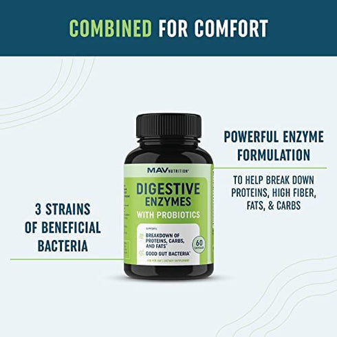 Digestive Enzymes Supplement with Probiotics | for Breaking Down Dairy, Protein, Sugar, & Carbs* | Nutrient Absorption, Lactose, Gas Relief, & Bloating* | Vegetarian, 3rd-Party Tested (60 Capsules)
