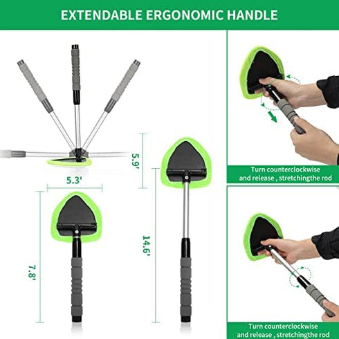 X XINDELL Windshield Cleaner -Microfiber Car Window Cleaning Tool with Extendable Handle and Washable Reusable Cloth Pad Head Auto Interior Exterior Glass Wiper Car Glass Cleaner Kit (Extendable)
