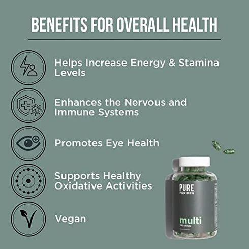 Pure for Men Multivitamin for Men | Energy & Stress Support, Strong Bones, Rich in Antioxidants & Minerals | Vitamin A, Vitamin B, Vitamin C, Vitamin D, Magnesium, Calcium & More | 120 Capsules, Vegan