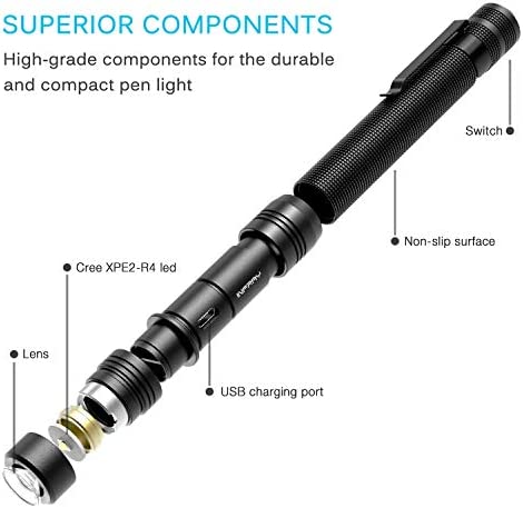 INFRAY LED Rechargeable Pen Flashlight, Pocket-Sized Penlight with Super Bright CREE LED, Adjustable Focus, IPX5 Water-Resistant, NiMH Battery Included, 2 Modes (High/Low)