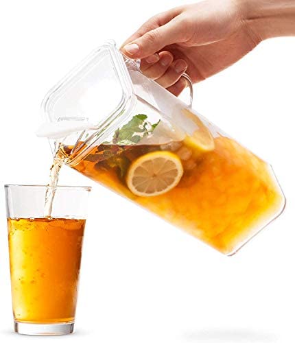 Komax Large Plastic Water Pitcher with Lid Square Water Carafe with Lids – BPA-Free, Dishwasher Safe Plastic Pitcher – Water, Tea, or Juice Containers with Lids for Fridge (2.3 Liters)