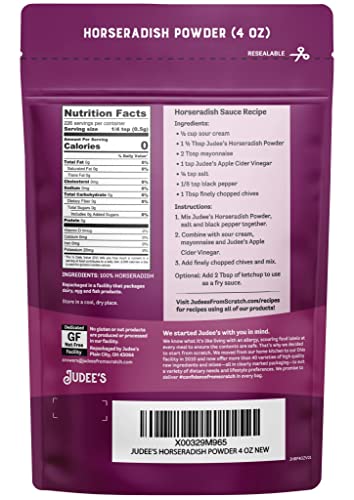 Judee’s Horseradish Powder 4 oz - Just One Ingredient - Powdered Horseradish Root - Great for Dips, Sauces, Appetizers and More - Non-GMO, Gluten-Free, and Nut-Free