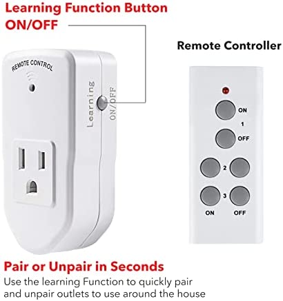 BN-LINK Wireless Remote Control Electrical Outlet Switch for Lights, Fans, Christmas Lights, Small Appliance, Long Range White 10A/1200W, 1 Remote + 1 Outlet