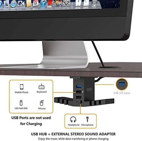 cozoo Headphone Stand with USB Hub Under Desk Headset Hanger Mount Dual Hook Holder with 3 USB Ports(usb3.0+usb2.0) and 3.5mm Jack AUX Port(Audio/Mic) External Sound Card for Gamer, DJ Earphone